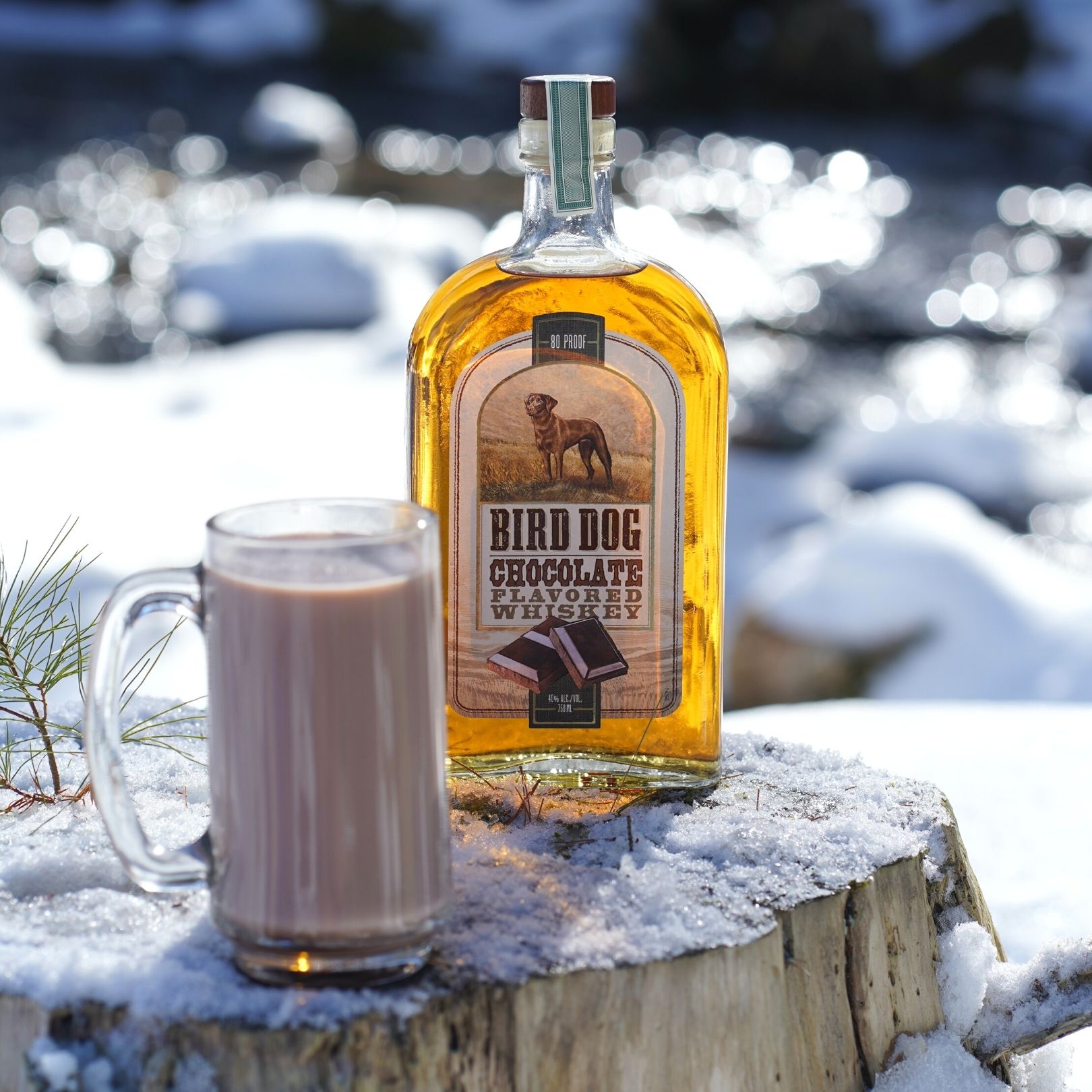 Bottle of Bird Dog Chocolate Whiskey with a Cocktail