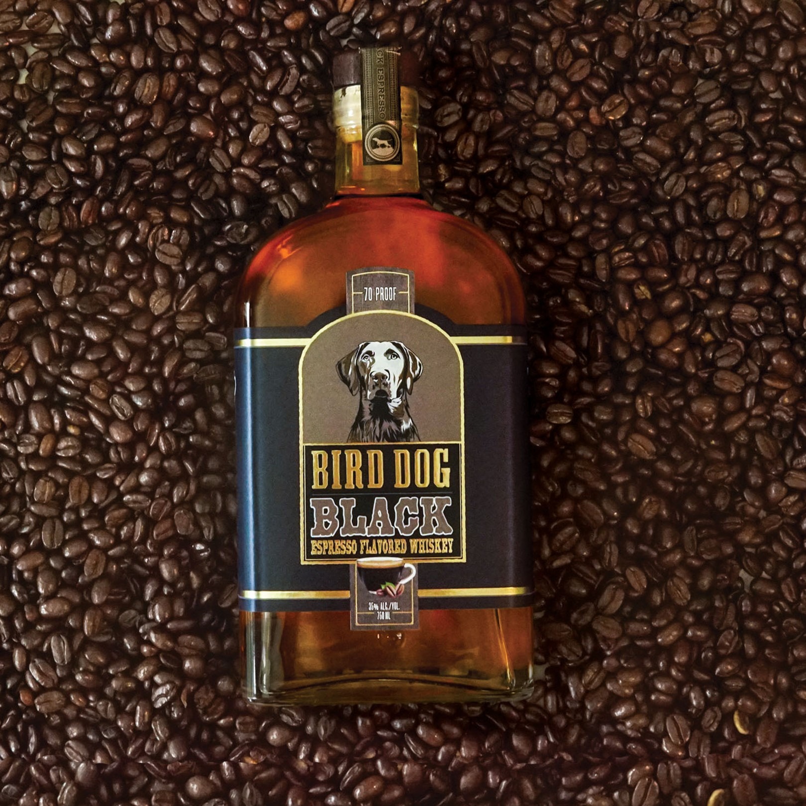 bird dog espresso bottle with coffee bean background