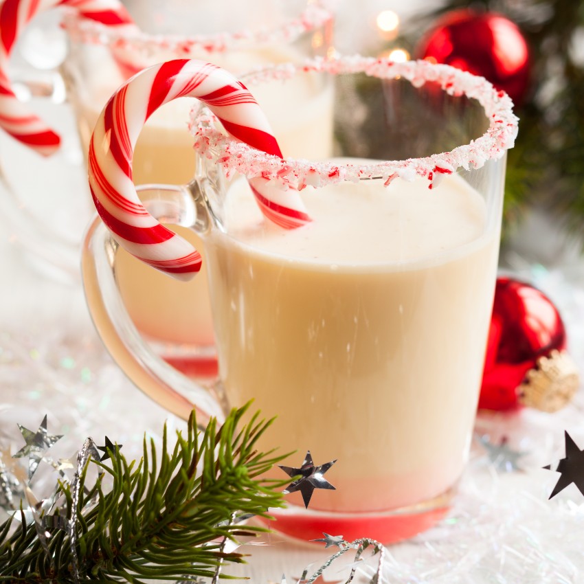 glass with Bird Dog's candy cane eggnog drink
